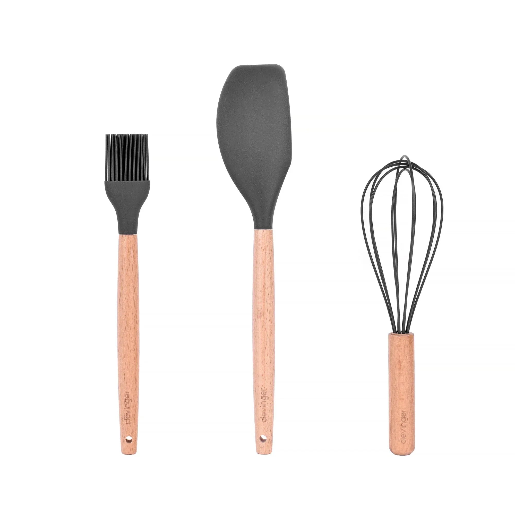 3 Pcs Beechwood & Silicone Kitchen Baking Utensils Set β Charcoal (Spatula, Whisk, Basting Brush)